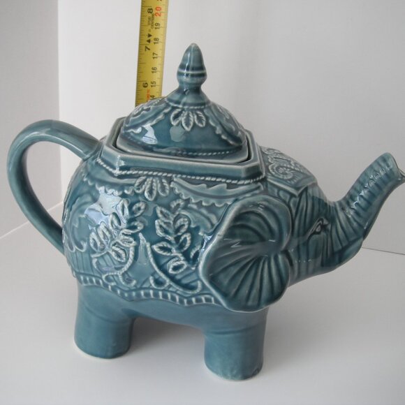 Abbott Collections Elephant Tea Pot Ceramic Trunks Up Green/Blue 7in - Picture 6 of 11